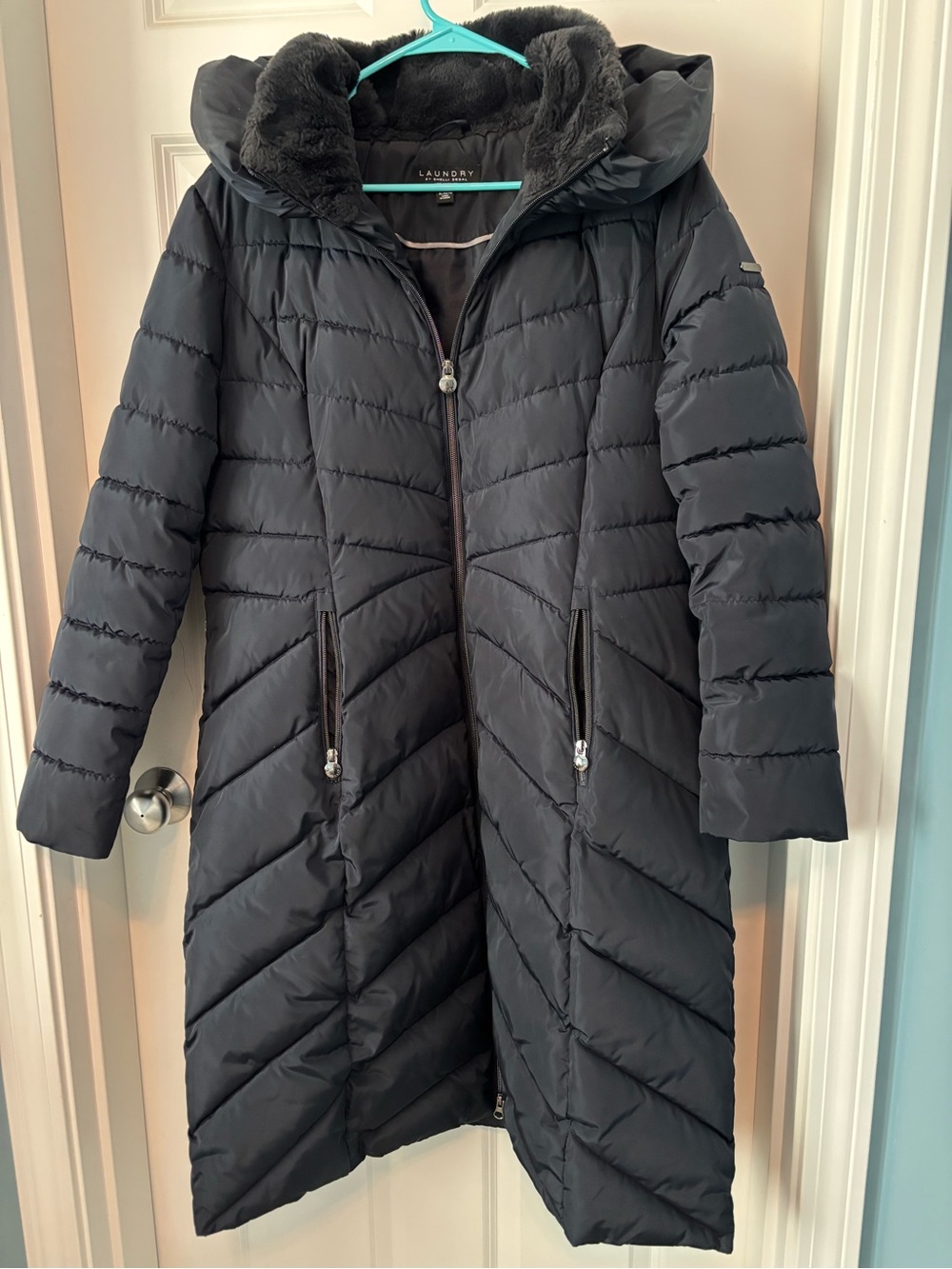 Laundry By Shelli Segal Navy Blue Hood Long Puffer Coat Faux-Fur Trim Sz XL EUC!